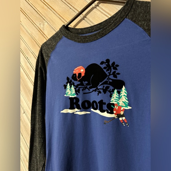 Roots Athletic Wear Long Sleeve Winter Beaver Logo Blue & Grey Hockey Shirt Cozy - Picture 4 of 6
